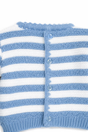 Blue and white striped cardigan on a white background