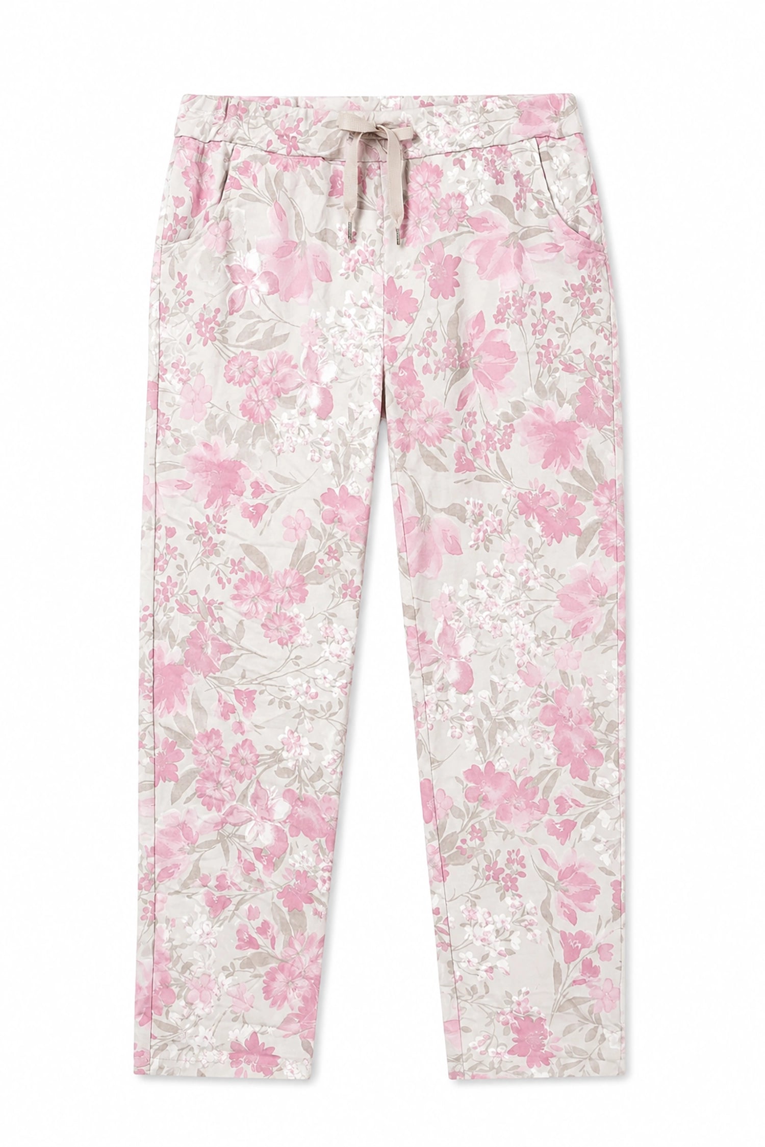 Floral pajama pants with pink flowers on a white background