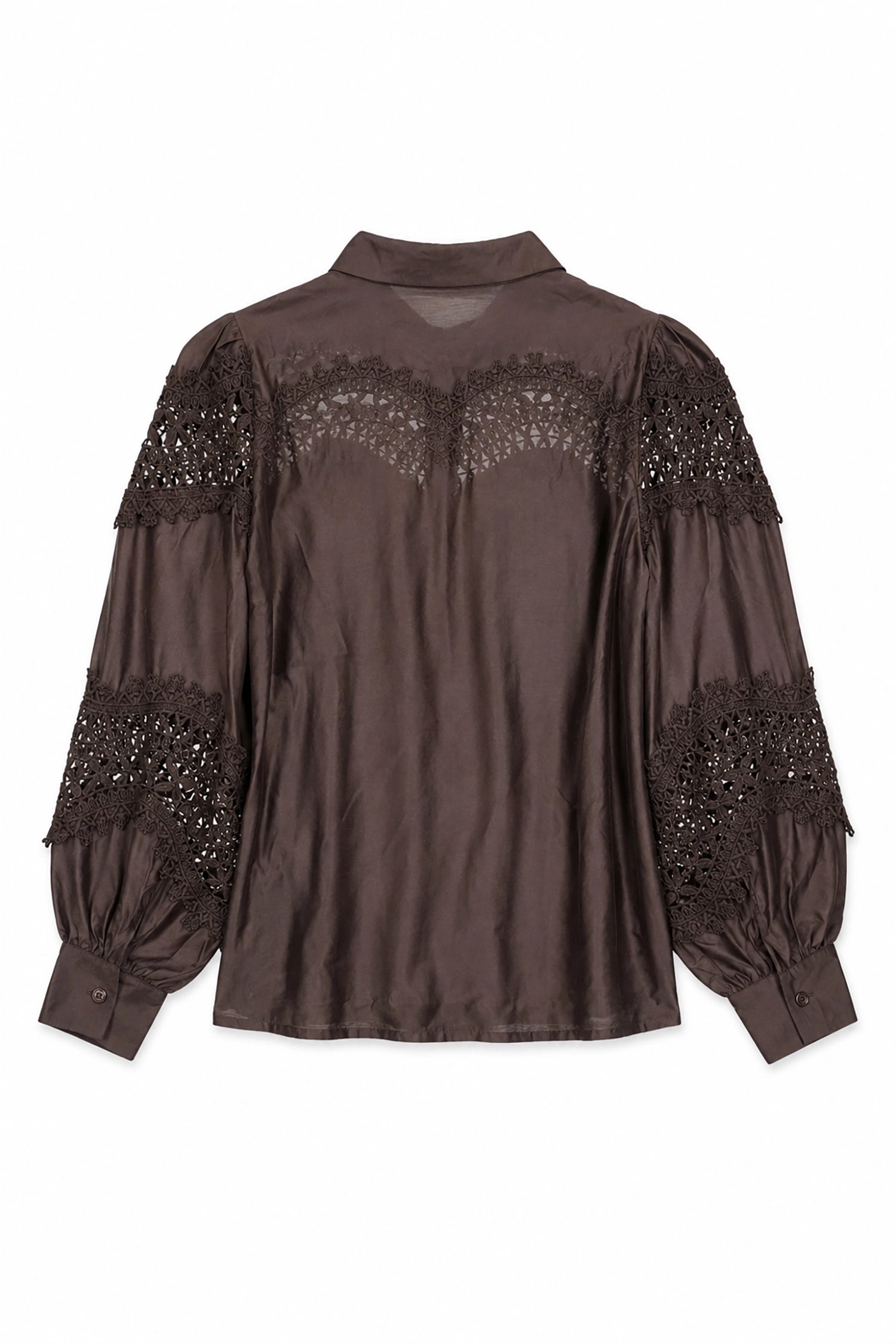 Brown blouse with lace and embellishment details on a white background