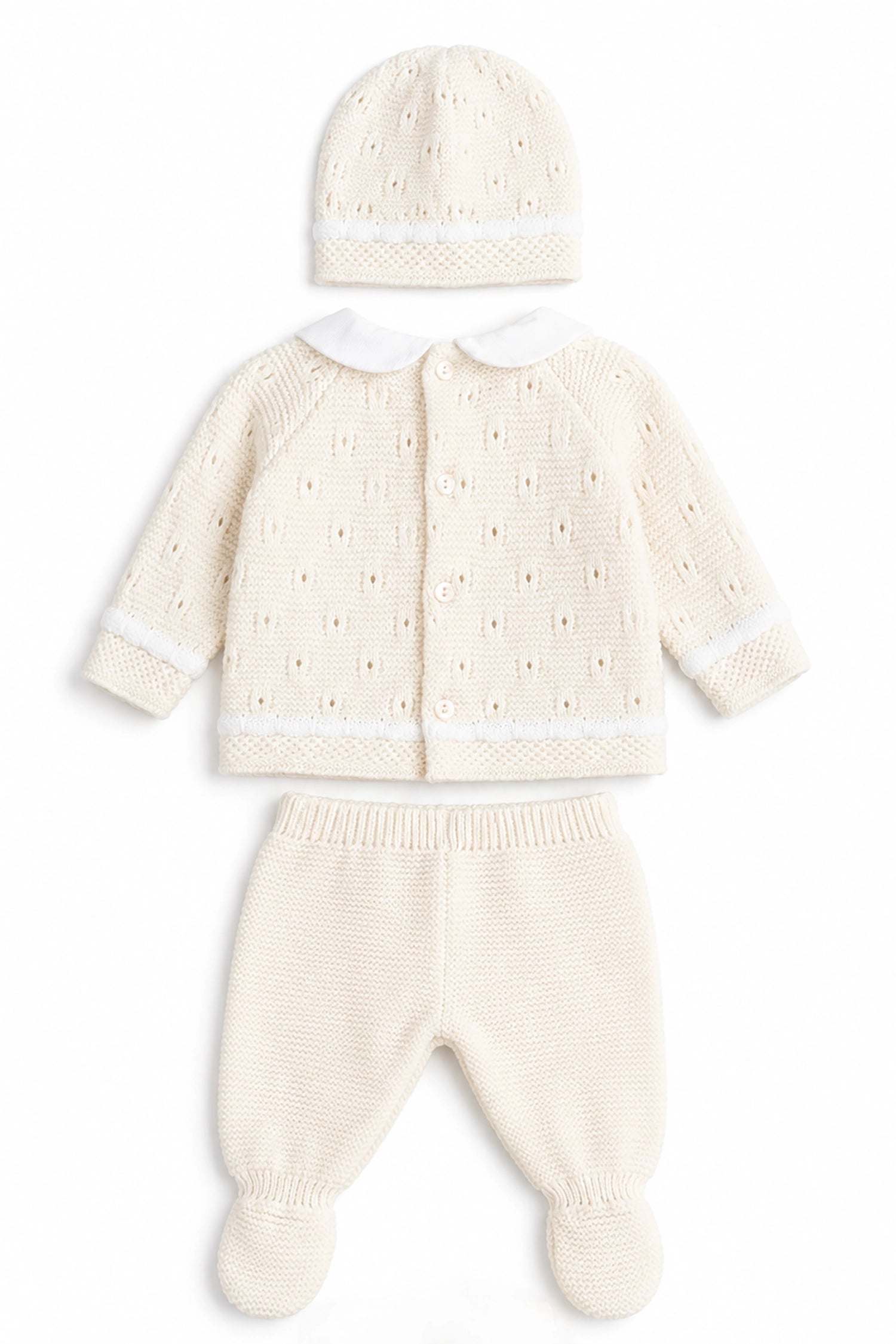 Cream-colored baby outfit with jacket, pants, and hat on a white background
