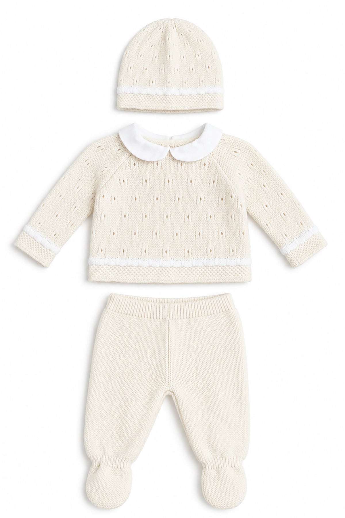 Baby outfit set with sweater, pants, and hat on a white background