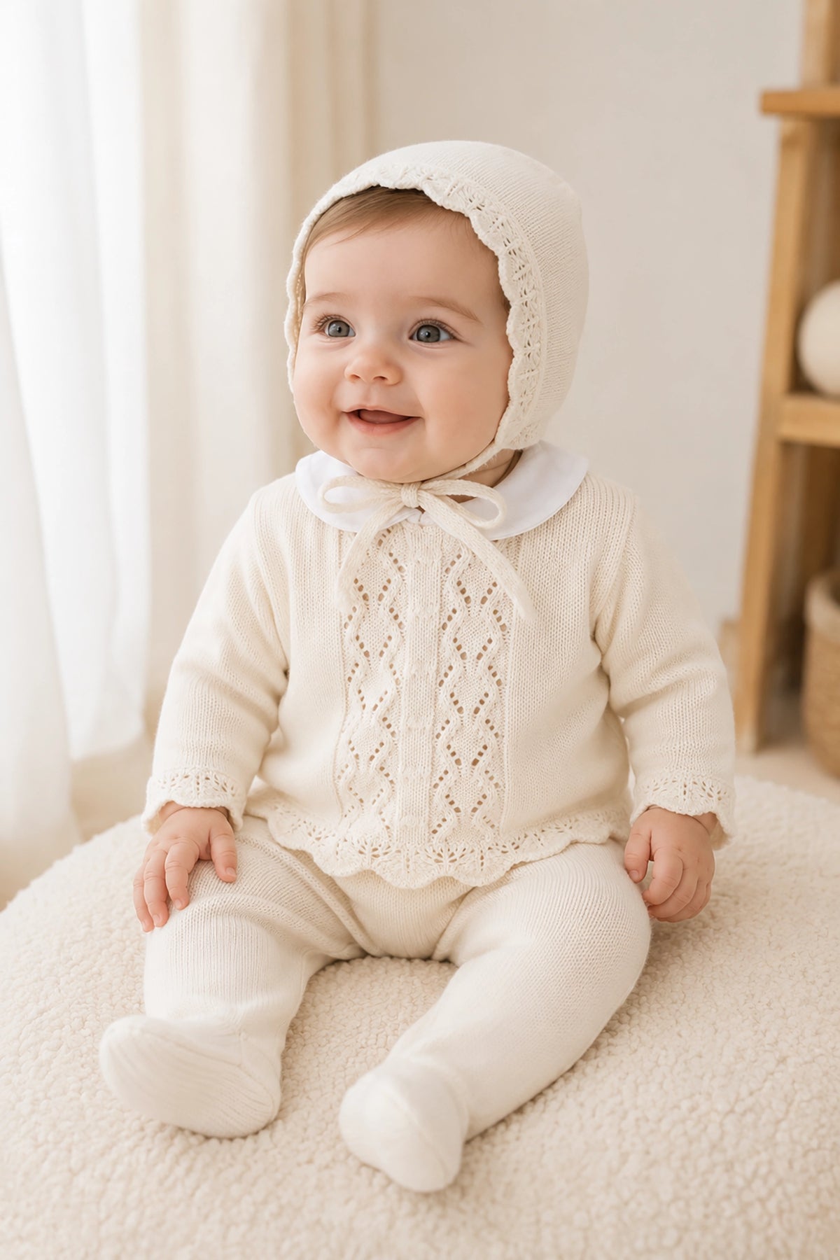 Baby wearing a cream-colored knitted outfit with a bonnet, sitting on a soft surface.