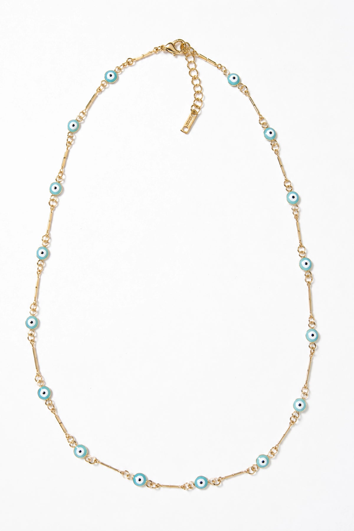 Gold necklace with blue beads on a white background