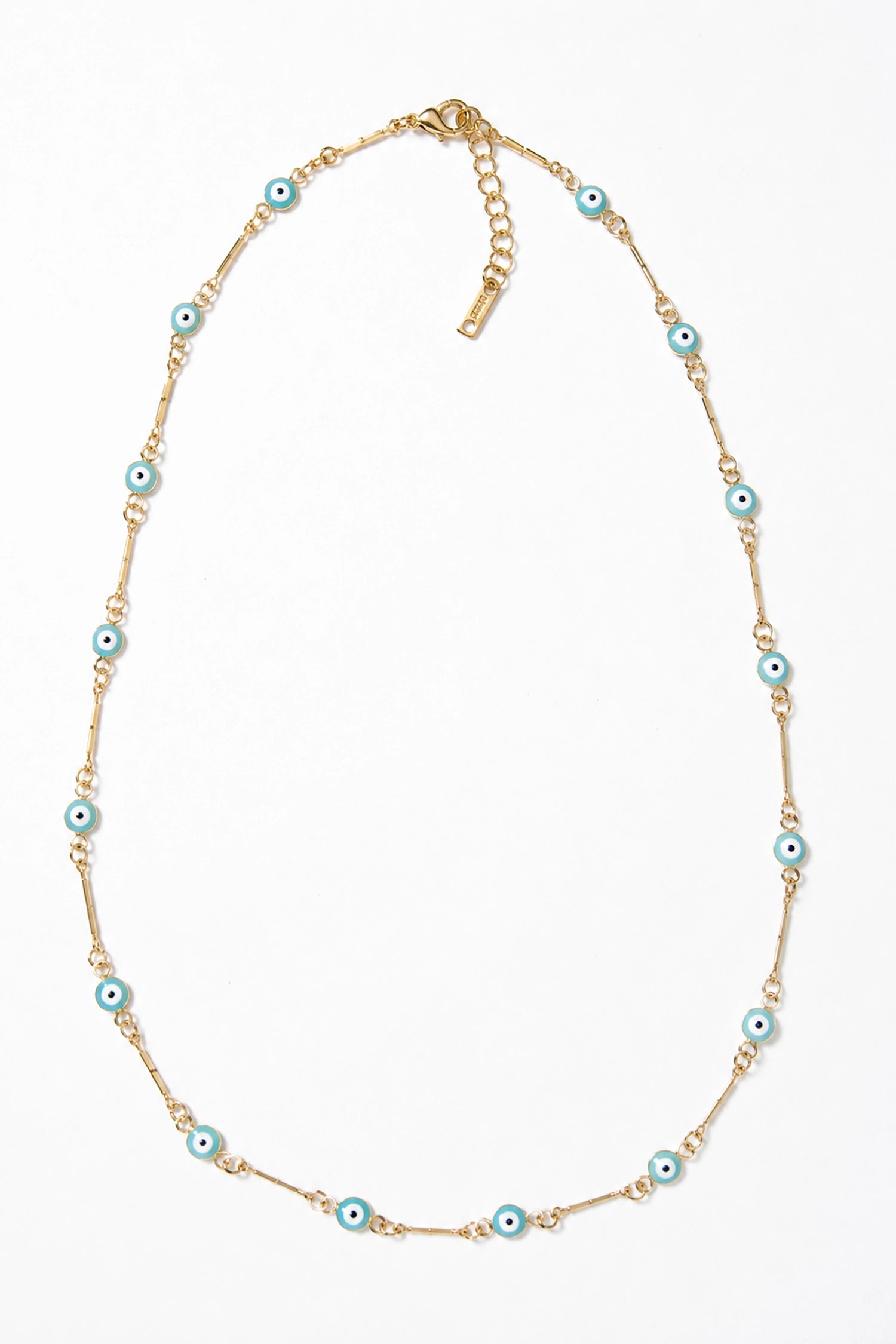 Gold necklace with blue beads on a white background