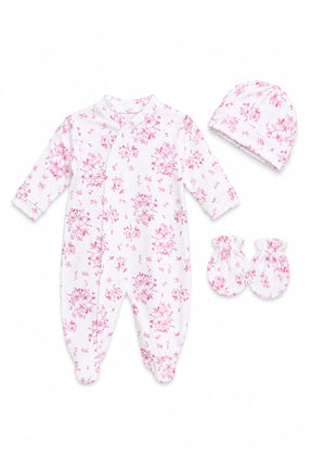 Baby onesie, hat, and mittens set with pink floral pattern on a white background