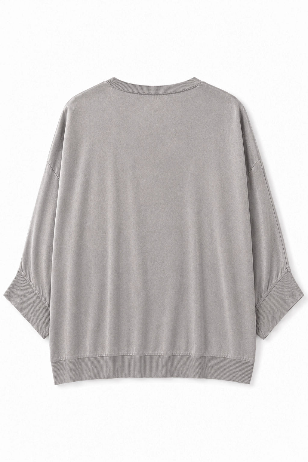 A light gray knit top with three-quarter sleeves and ribbed cuffs, shown from the back on a white background.