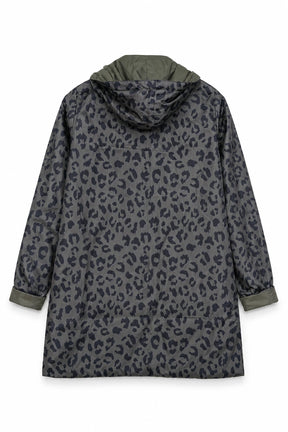 Gray raincoat with leopard print pattern on a white background