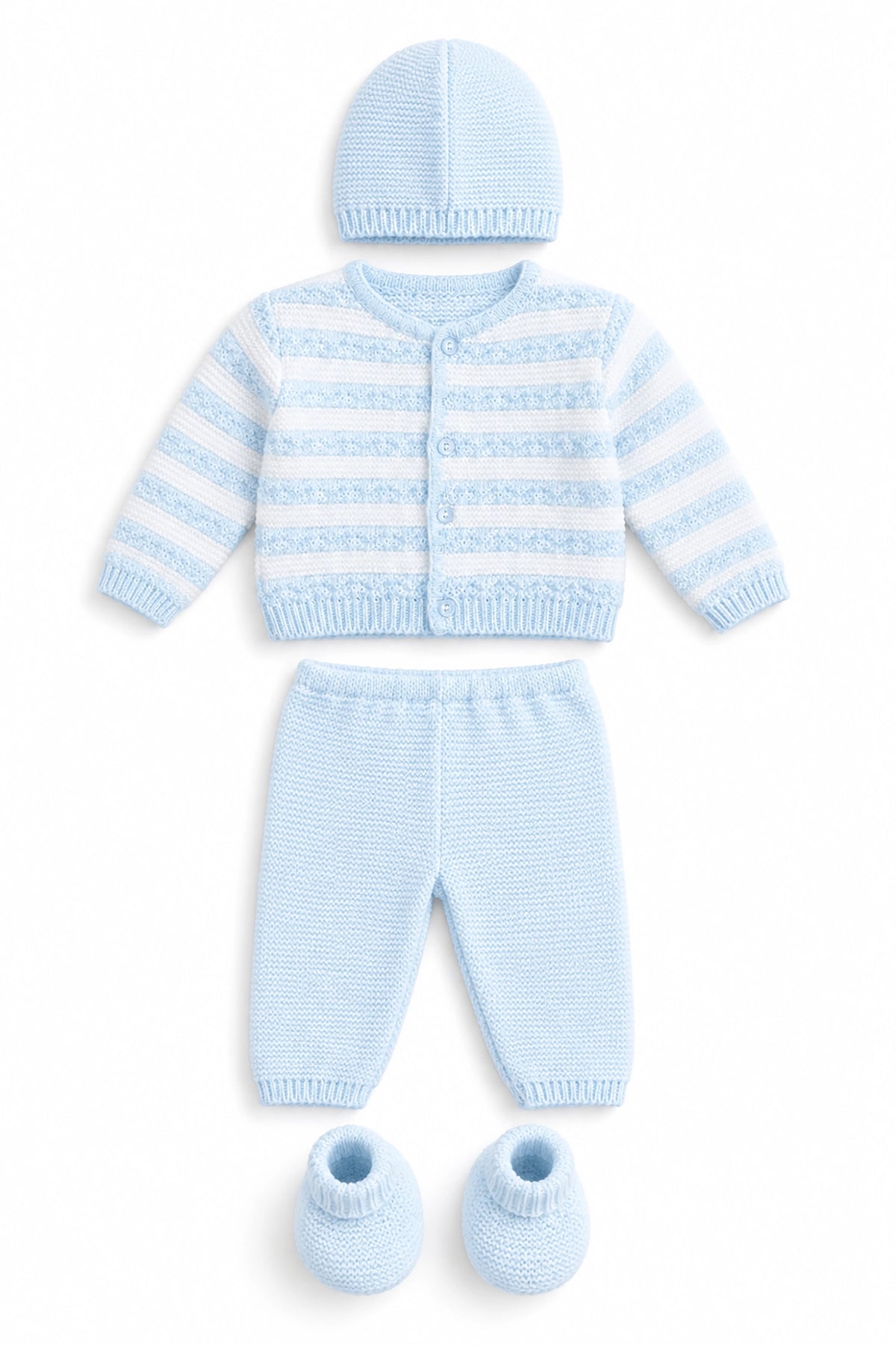 Knitted baby outfit with cardigan, pants, and booties on a white background