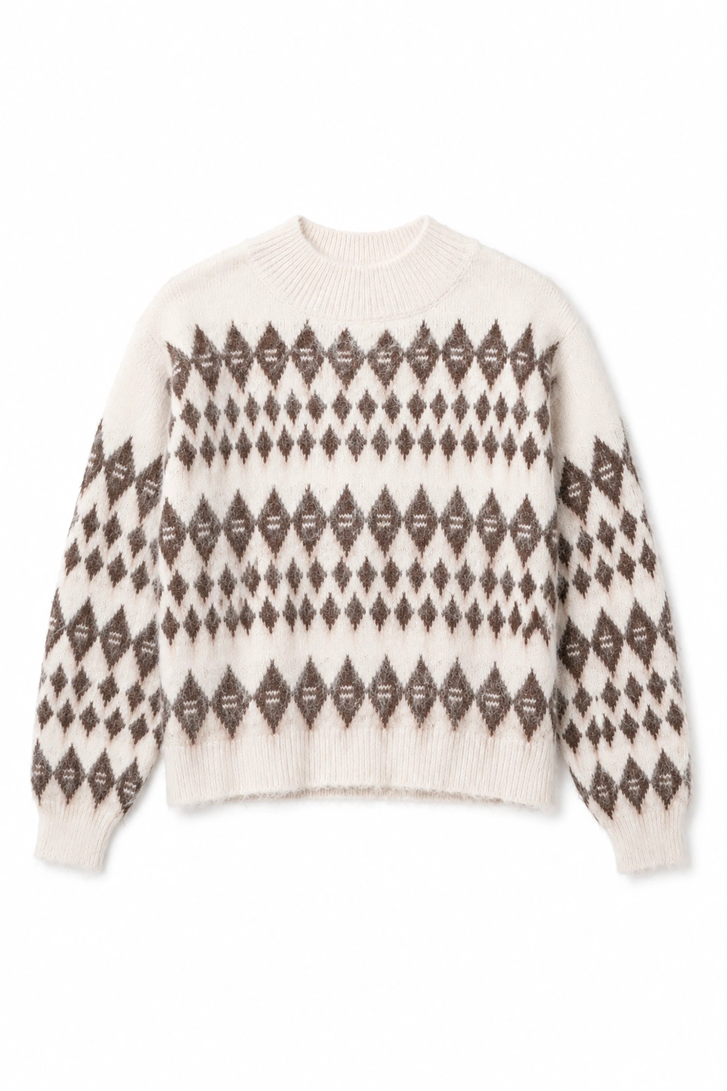 White sweater with brown geometric pattern on a white background
