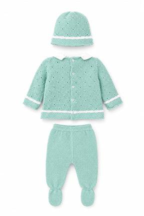 Green baby outfit with cardigan, pants, and hat on a white background