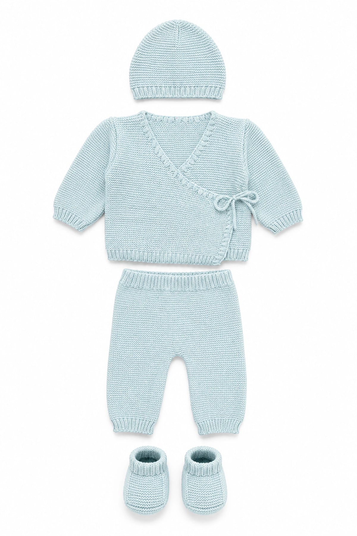 Light blue baby outfit with sweater, pants, and hat on a white background