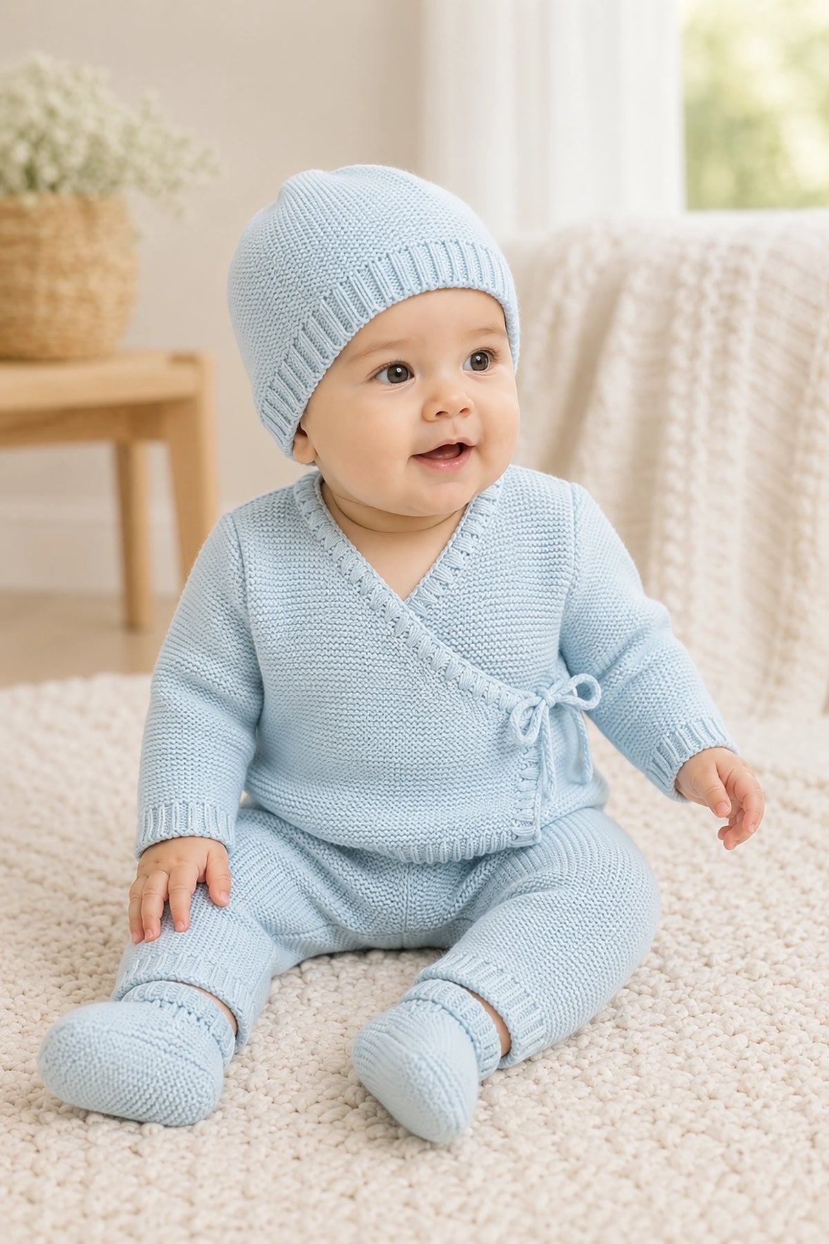Baby wearing a light blue knitted outfit with matching hat on a soft surface.